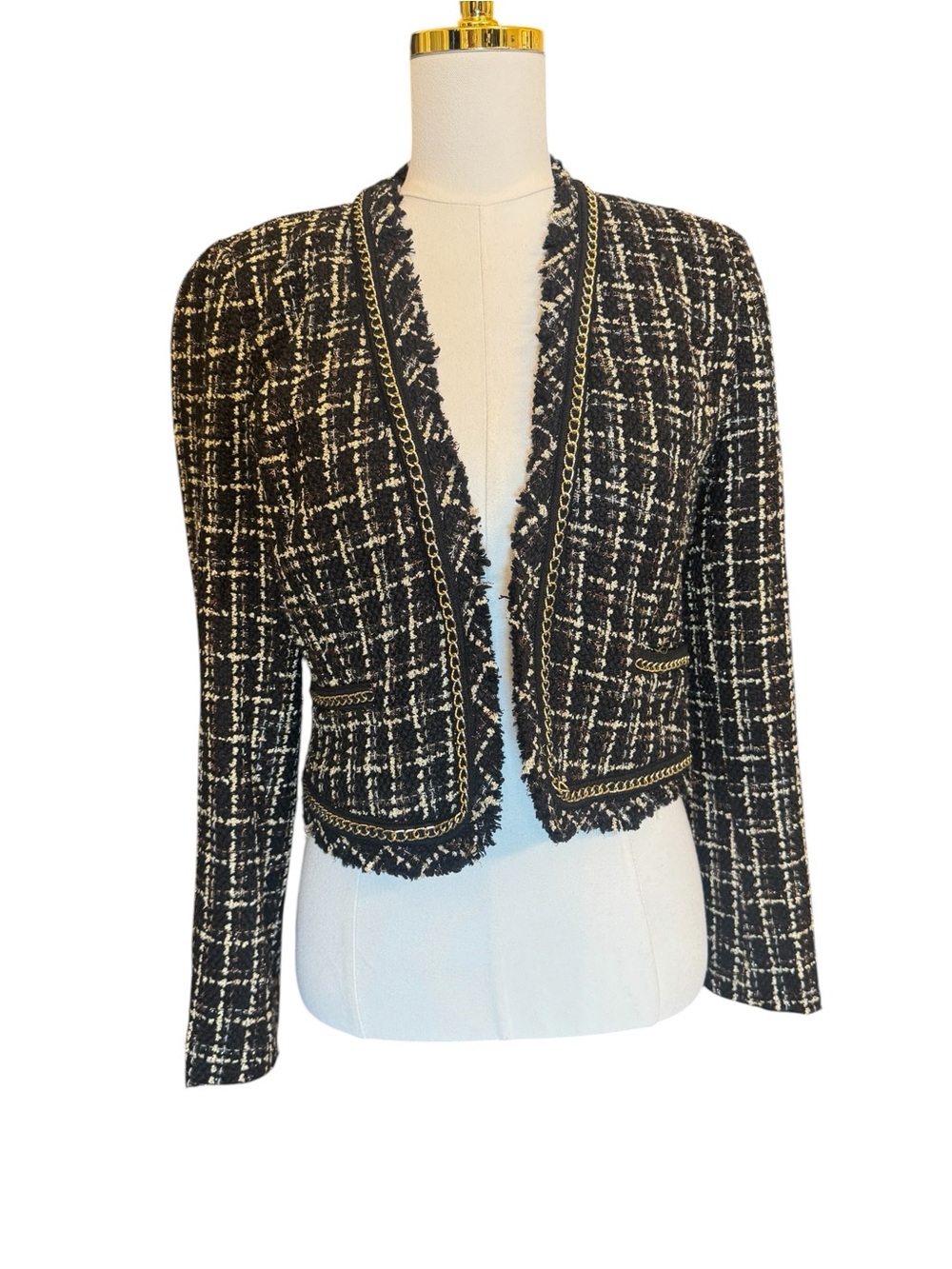 ENTRY Tweed Jacket Size M Black Gold Chanel Style Chain Trim